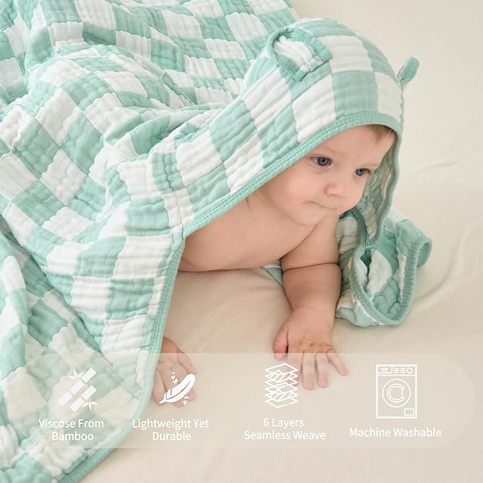 Ultra-Soft Muslin Toddler Hooded Towel - 55 x 28 Inches, Ideal for Bath & Beach, Suitable for Both Boys & Girls from Newborns to Toddlers Green Check