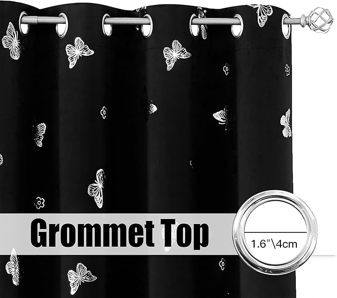 Jubilantex Black Metallic Silver Butterfly Blackout Curtains 54" Long for Small Window Girls Bedroom Nursery Window Curtains,Grommet Top 2 Panels