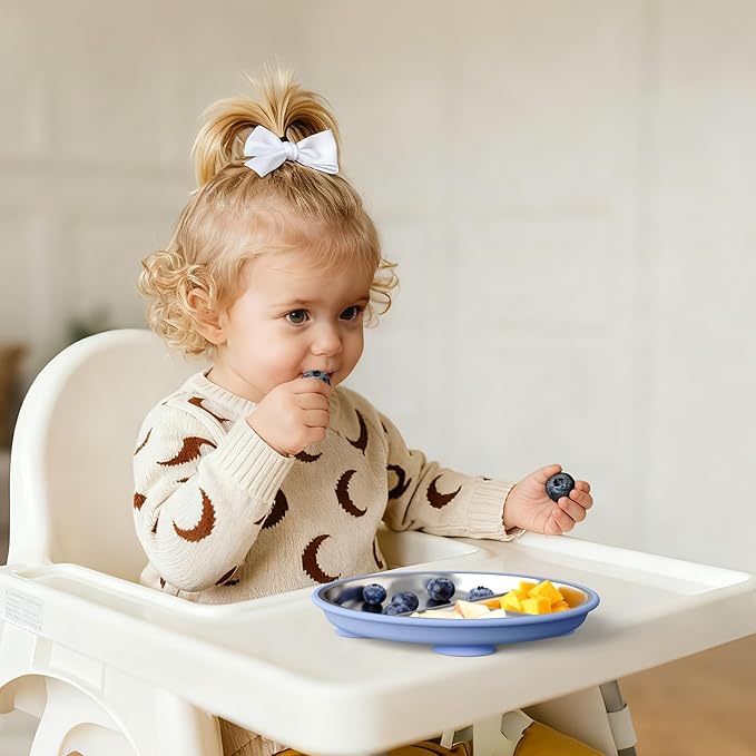 Bakpoco Stainless Steel Suction Plates for Toddlers, 8" Divided Kids Baby Plates with Removable Silicone Suction, Non Toxic Non Slip Portion Control Snack Dishes 3 Packs, Blue Gray Beige