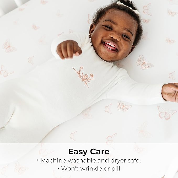 Ely's & Co. Pack and Play Sheets, for Mini/Portable Crib, 2 Pack Fitted Playpen Play Yard Sheet Set Compatible with Graco Pack n Play, for Baby Girls, 100% Cotton, 38”x24”x5” Pink Butterfly + Stripes