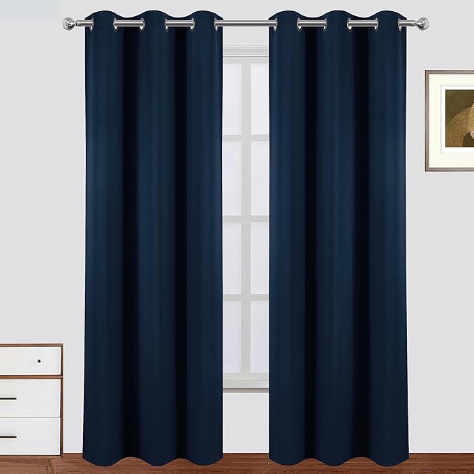 LEMOMO 100% Blackout Curtains 38 x 84 Inch Navy Blue Curtains 2 Panels Darkening Thermal Insulated Bedroom Curtains