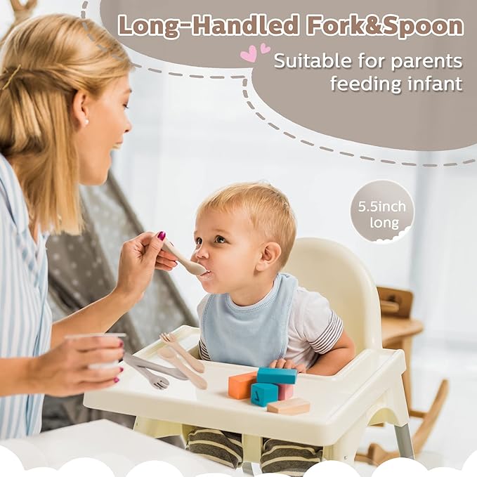 Nuenen 6 Pieces Silicone Baby Feeding Forks and Spoons Set Hot Safety First Stage Self Feeding Supplies Mini Kids Utensils for over 6 Months Babies Boy Girl Toddlers First Foods (Cream Color)
