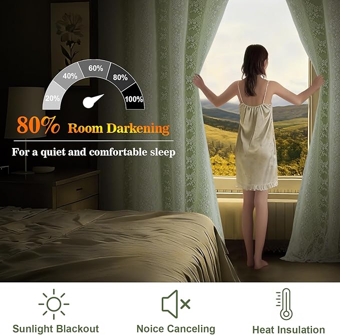 Yinhua Green Curtains for Living Room Blackout Curtains for Bedroom 84 Inches Long Double Layer Curtain with Tiebacks, Thermal Insulation Grommet Drapes for Nursery Dining Room, 52" W x 84" L