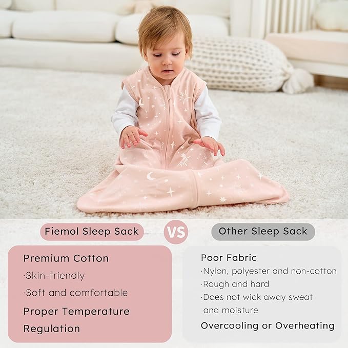 FIEMOL Baby Sleep Sack 18-24 months, 100% Cotton Sleeping Sack for Toddler, 3 Pack Baby Wearable Blanket, 0.5 Tog Lightweight Double Zipper Sleep Bag XLarge Pink Stars Moon
