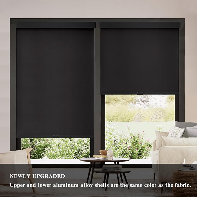 AOSKY Blackout Roller Shades Cordless Blinds for Windows, Free-Stop Shades with Valance, Thermal Insulated Fabric, UV Protection, Natural Woven Blinds for Home and Office (32.5" W x 72" H, Black)