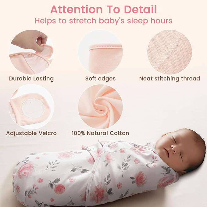 david's kids 100% Cotton 3 Pack Baby Swaddle Wrap for 0-3 Months, Soft Breathable Swaddle Blanket for Newborn Infant, Adjustable Baby Wrap Sleep Sacks for Girls, Newborn Essentials, Pink Floral
