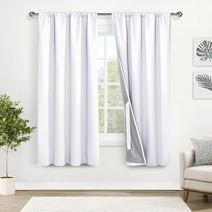 XWZO 100% Blackout Curtains 63 Inches Length with Tiebacks- Thermal Insulated Double Layer Window Drapes with Black Liner for Bedroom/Living Room, Rod Pocket & Back Tab, White, W52 x L63, Set of 2