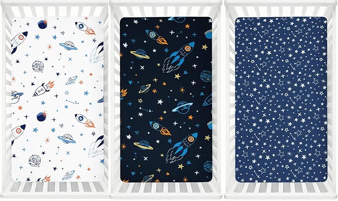 david's kids 3 Pack Fitted Crib Sheets, Ultra Soft Breathable Comfortable Baby Sheet Set for Boys Girls Neutral, 28x52 Inch Fits Standard Crib and Toddler Mattresses, Space