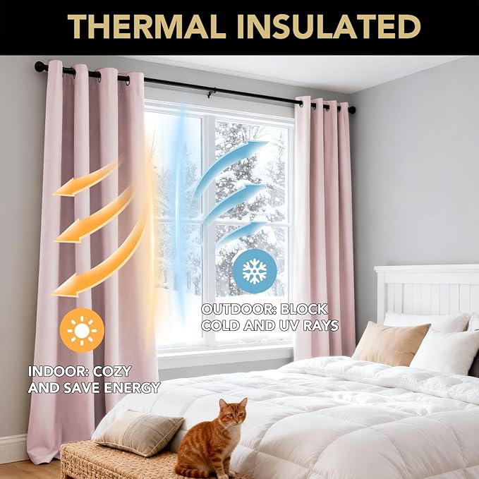 PrinceDeco Blackout Curtains for Bedroom – 100% Light Blocking Thermal Insulated Curtains 63 inch Length, Noise Reducing Energy Saving Drapes for Living Room, Nursery, Grommet,55" W x63 L, Baby Pink
