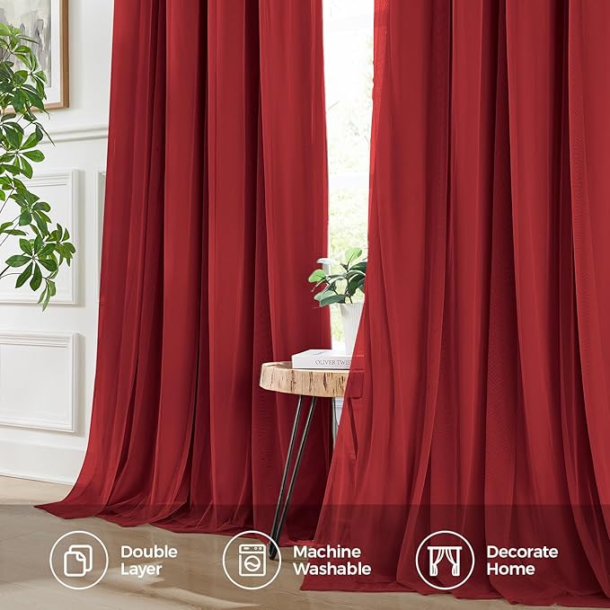 100% Blackout Curtains for Bedroom, Double Layer Red Curtains, Black Out Curtain 96 inch Long with Sheer Overlay for Living Room, Room Darkening Window Drapes with Grommet, 52" W x 96" L