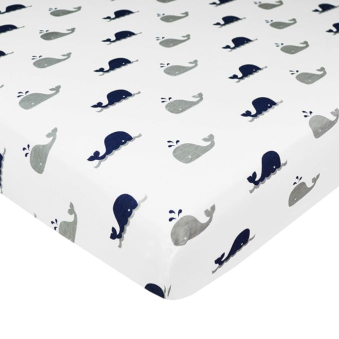 American Baby Company 2 Pack 100% Natural Cotton Fitted Mini Crib Sheets 38" x 24" - Soft & Breathable Small Nesting Portable Sheets, Fits Pack N Play Mattress, Navy Whale/Gray Zigzag, for Boy & Girl