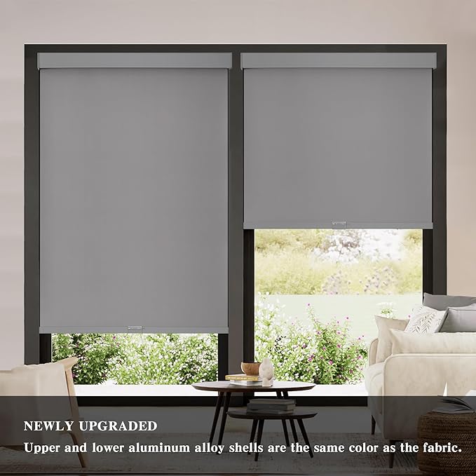 AOSKY Blackout Roller Shades Cordless Blinds for Windows, Free-Stop Shades with Valance, Thermal Insulated Fabric, UV Protection, Natural Woven Blinds for Home and Office (27" W x 72" H, Grey)