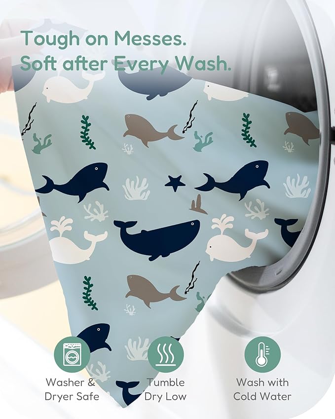 Pack and Play Sheets Fitted, Navy Whale+Blue, Ultra Soft, Breathable and Cozy, Hypoallergenic, 2 Pack for Baby Boys and Girls