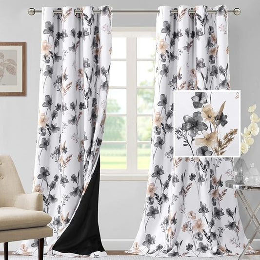 H.VERSAILTEX 100% Blackout Curtains 108 inch Length 2 Panels Set Cattleya Floral Printed Drapes Leah Floral Thermal Curtains for Bedroom with Black Liner Sound Proof Curtains, Grey and Taupe
