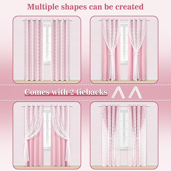Yinhua Pink Curtains for Girls Room Double Layer Blackout Curtains for Bedroom 84 Inches Long Nursery Curtain for Living Room, Grommet Drapes with Tiebacks, 52" W x 84" L