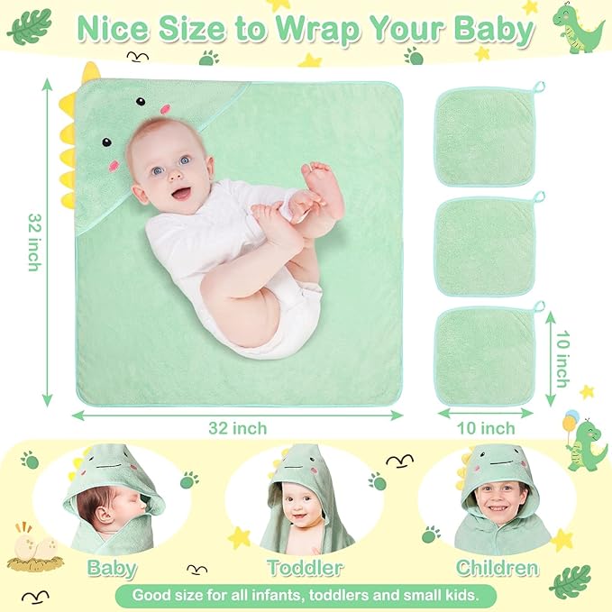 4 PCS Hooded Baby Towels, Soft Baby Towel, Absorbent Baby Bath Towel, Baby Towels and 3 PCS Baby Washcloths for Newborns, Toddlers, and Kids, 32x32 in Baby Towel with Hood for Boy and Girl (Dinosaur)