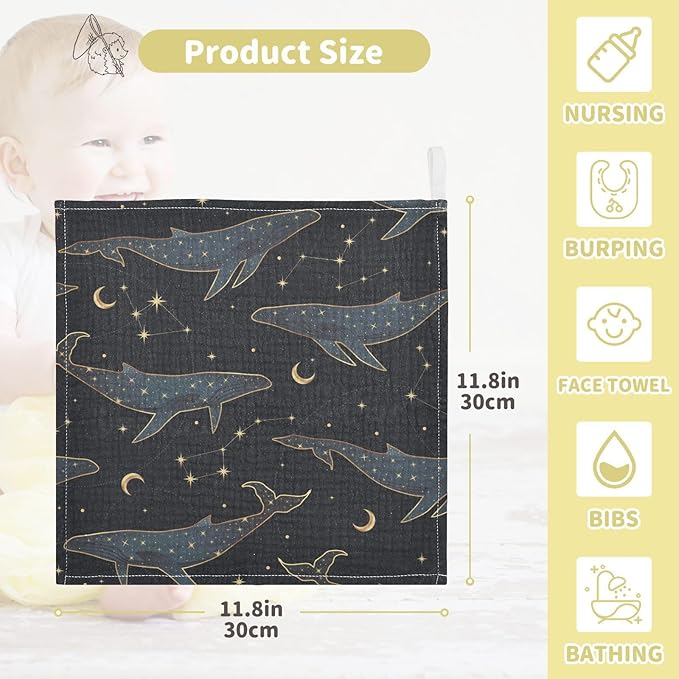 vvfelixl Celestial Constellation Whale Baby Burp Cloths Baby Muslin Washcloths for Boys Girls Cotton Baby Face Towel for Newborn Infants Soft and Absorbent 11.8 X 11.8 in, 5 Pack