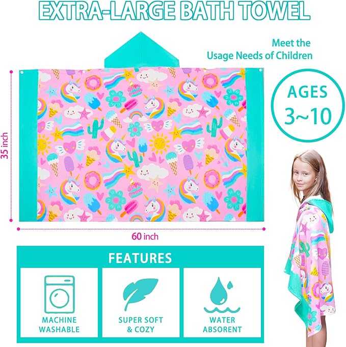 Hooded Towels for Kids- Ultra Soft 100% Cotton Pink Unicorn Toddler Hood Bath Towels/Pool Terry Towel Beach Poncho Wrap Absorbent Cute Bath & Swim Wrap for Boys & Girls 3-10 Years Beach Essentials
