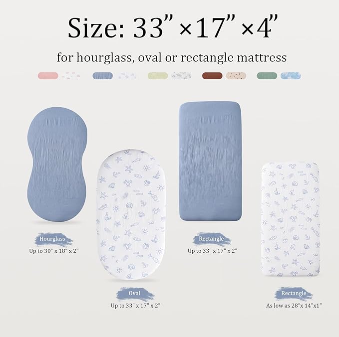 Organic Cotton Muslin Bassinet Sheets, 2 Pack – Soft, Breathable, Universal Fit for Oval, Rectangle & Hourglass Mattresses, Machine Washable, Neutral Colors for Baby Boys & Girls