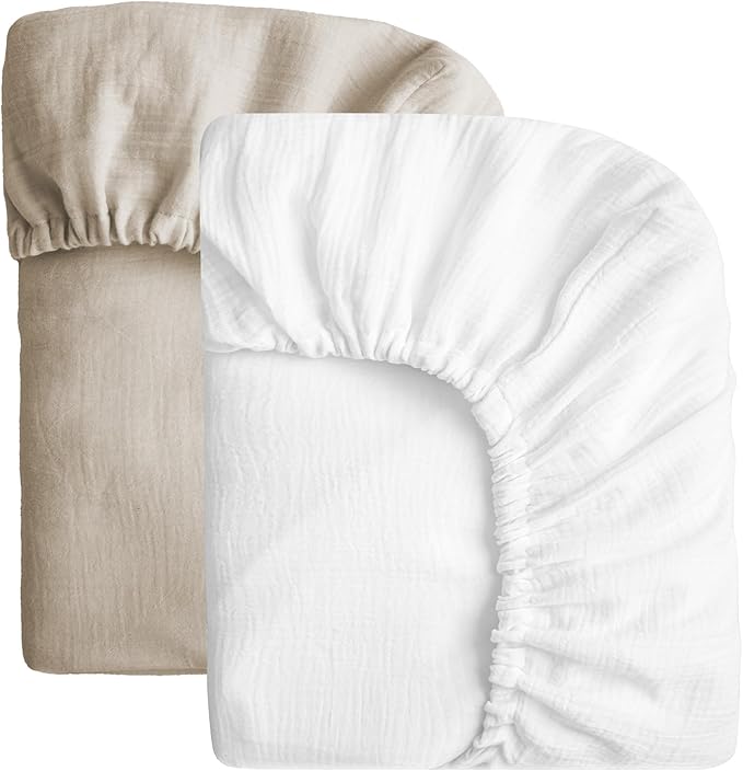 SOULFUL Muslin Crib Sheets for Boys Girls, 2 Pack Soft and Breathable Cotton Fitted Crib Sheets for Standard Crib Mattress (28"x 52", White & Light Tan)
