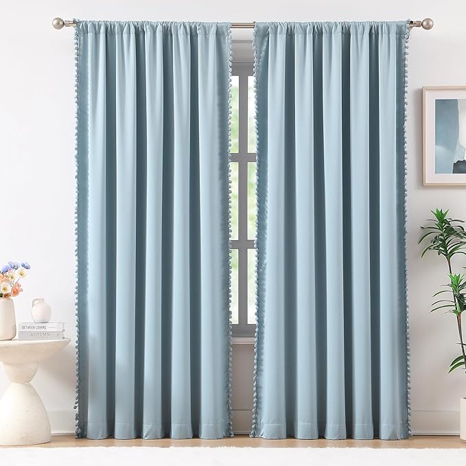 Treatmentex Pom-Pom Blue Curtains Living Room 90 inches Energy Efficient Thermal Insulated Room Darkening Curtain Panels for Bedroom Window Draperies Nursery Room Children 52" w x2 Panels Rod Pocket