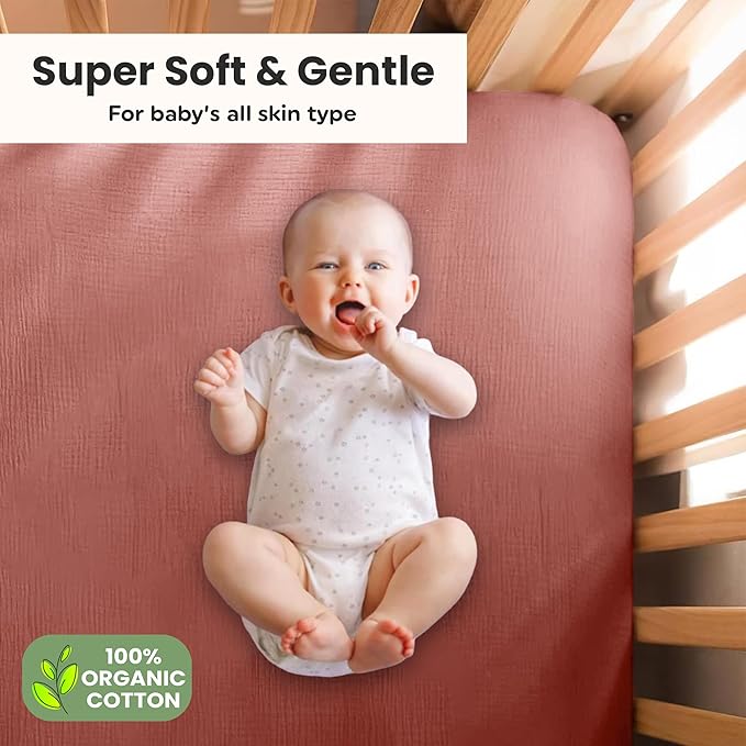 100% Organic Cotton Muslin Crib Sheets (Set of 2) – Soft & Breathable Fitted Sheets for Boys and Girls, Neutral Colors – Fits Standard Baby Crib Mattress (28 x 52 Inches) (Rust/Ivory)