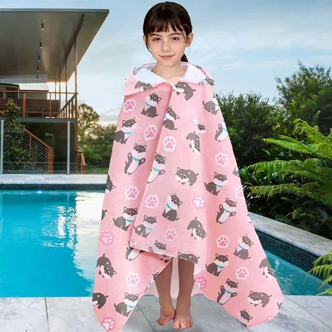 VOOVA & MOVAS Kids Hooded Beach Towel (3-8 Years) – 100% Cotton Soft Bath & Swim Towel (30"x50"), Quick Dry Absorbent, Cute Dog Design for Girls – Perfect for Pool, Beach, Bath