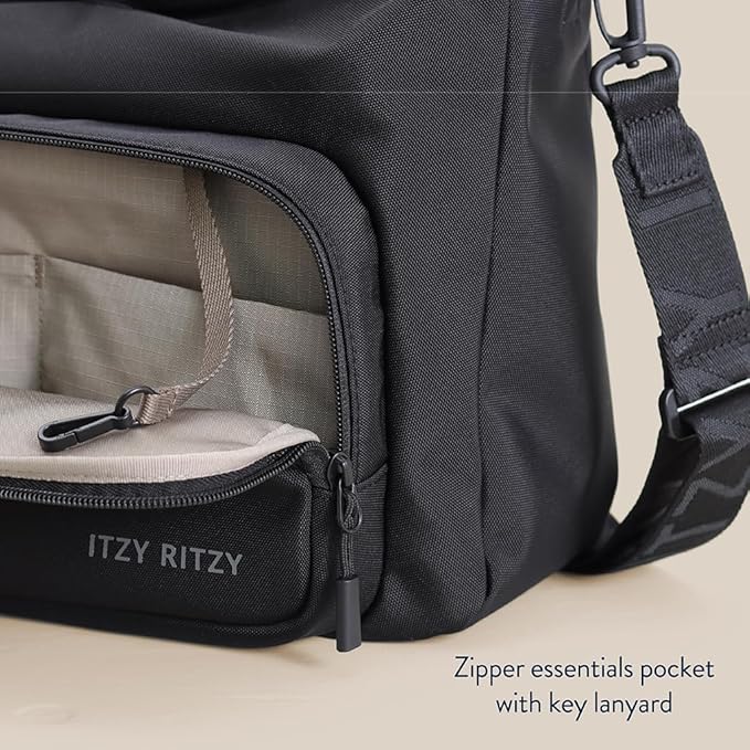 Itzy Ritzy Belong Cargo Caddy for Strollers & Wagons – Convertible Stroller Organizer and Crossbody Bag with Adjustable & Removable Strap, Bottle Holders, Smart Storage Pockets & Secure Straps (Black)