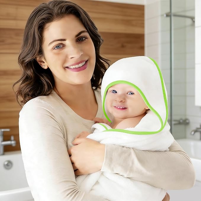 2 Pack Baby Bath Towel - Rayon Made from Bamboo, Ultra Soft Hooded Towels for Kids - X Large Size for 0-7 Yrs (White and Green, 37.5 x 37.5 Inch)
