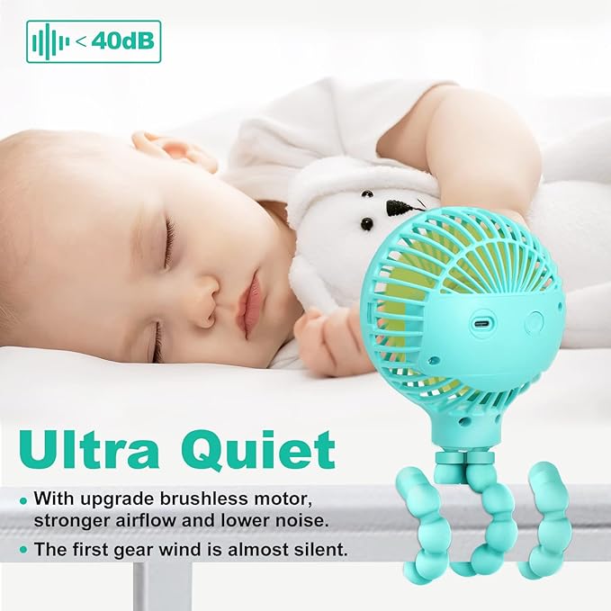 TRELC Mini Handheld Stroller Fan, Personal Portable Baby Rechargeable Fan With Flexible Tripod, Upgraded Version, Gift for Children Office Treadmill Room Car Traveling BBQ Gym (Mint Green)