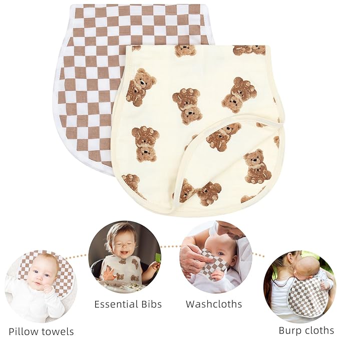 LifeTree Muslin Baby Burp Cloths - 2 Pack 70% Viscose from Bamboo and 30% Cotton Large 22'' by 10'' Absorbent Milk Spit Up Rags - Burping Cloths for Newborn, Girls Boys, Bear and Checkered