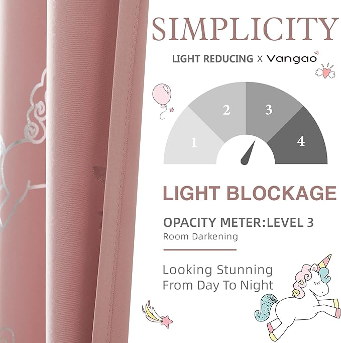 Vangao Rainbow Room Darkening Kids Curtains for Girls Bedroom Pink Unicorn for Kids Nursery Room Silver Foil Print Curtains Thermal Insulated Drapes Grommet Window Drapes 84 Inches Length 2 Panels