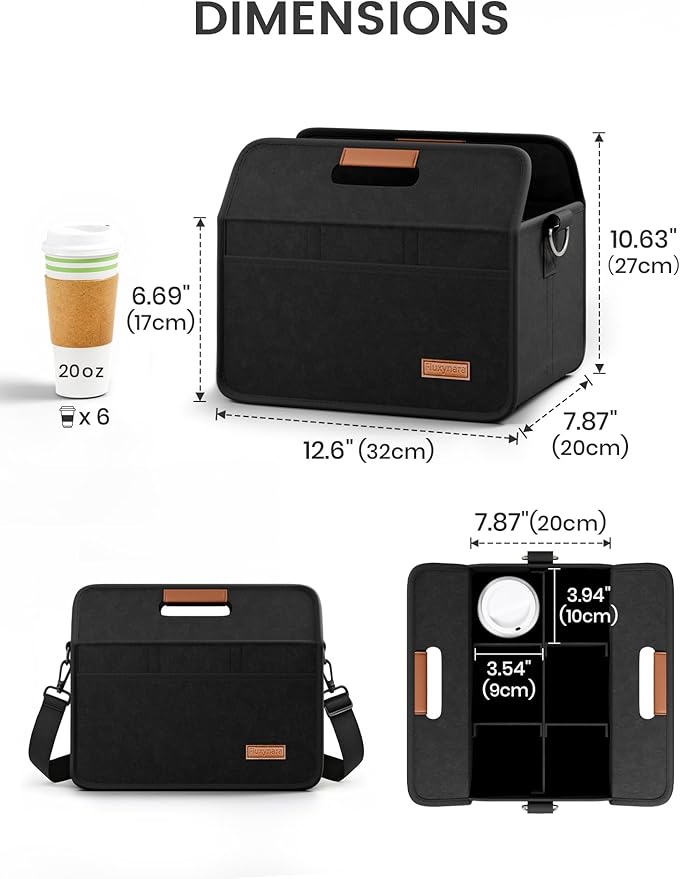 Fluxynara 6-Cup Reusable Felt Drink Carrier with Handle and Adjustable Shoulder Strap, Drink Holder for Car, Multi-Cup Drink Carrier Bag for Delivery, Travel, Picnics (Black)