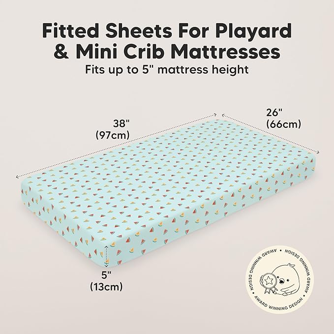 2-Pack Mini Crib Sheets Fitted - 38x26 Pack N Play Sheets for Pack and Play Mattress, Organic Cotton, Soft & Breathable Playard Bedding, Neutral Mini Toddler Bed Cover for Boys, Girls (Beach Day)