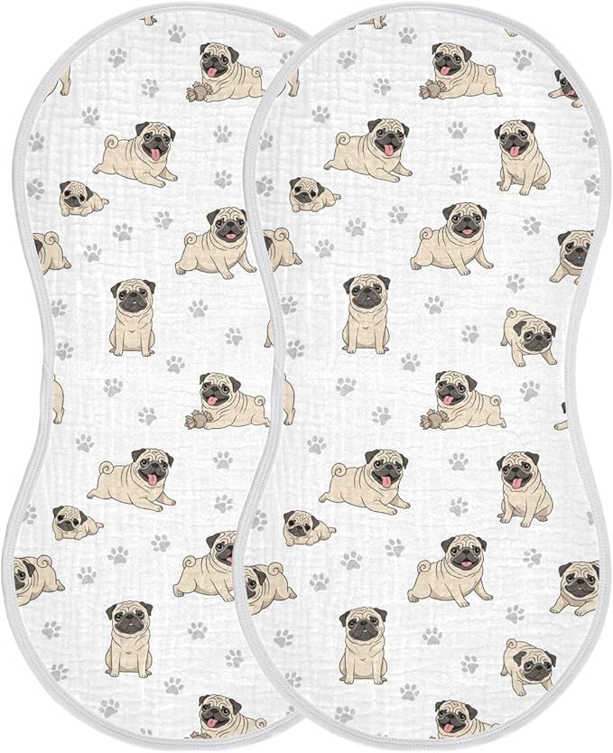 Qinllo 2 Pack Muslin Burp Cloths Pugs Dog Paw White Cotton Baby Burp Cloths Ultra Soft Burping Cloth Absorbent Spit Up Rags for Newborn Boys Girls 22x11 Inch