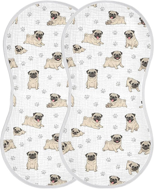 Qinllo 2 Pack Muslin Burp Cloths Pugs Dog Paw White Cotton Baby Burp Cloths Ultra Soft Burping Cloth Absorbent Spit Up Rags for Newborn Boys Girls 22x11 Inch