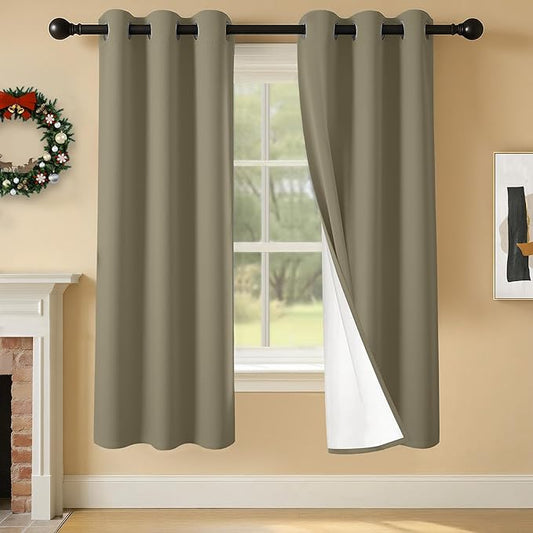 100% Blackout Curtains 63 Inch Length for Bedroom Living Room, Grommet Thermal Insulated Room Darkening Drapes, Light Blocking Window Treatment Decor, 2 Panels, 37x63, Taupe