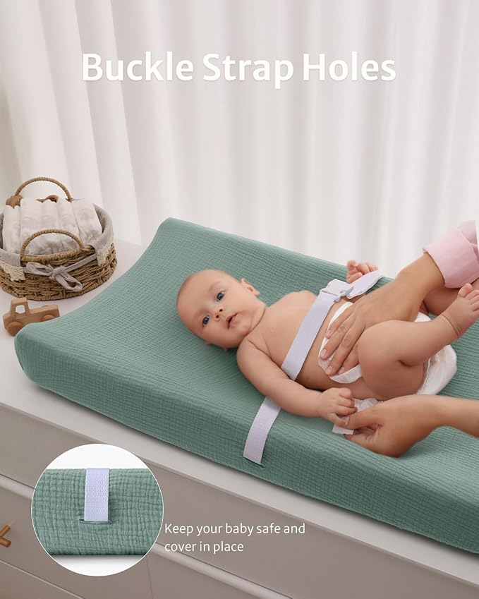 Blissful Diary Muslin Changing Pad Cover for Girls Boys, Ultra Soft Breathable Cotton, Baby Diaper Change Table Pad Covers, 2Pack (Checkered Green & Sage Green)