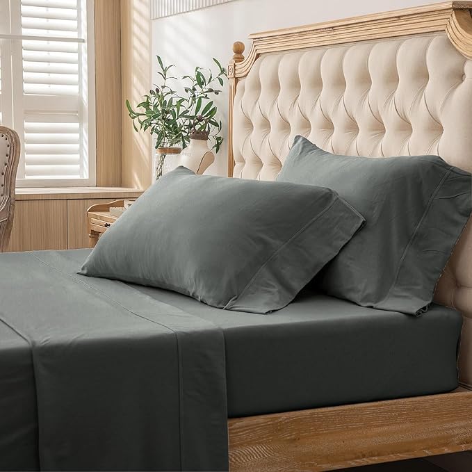 PURE ERA Jersey Knit 4pc Bed Sheet Set 100% T-Shirt Cotton Super Soft Comfy Breathable Fits Mattress Up to 20" Extra Deep Pocket (Solid Dark Greenish Gray, Cal King)