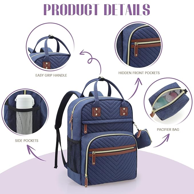 Tuwubi Diaper Bag Backpack, Baby Essentials Travel Tote Bag, Multi function Waterproof Backpacks, Travel Essentials with Stroller Straps & Pacifier Case - Blue
