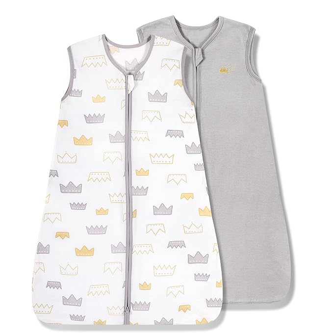 TILLYOU 2 Pack Baby Sleep Sack 12-18 Months 100% Cotton Wearable Blanket 0.5 TOG Sleeveless Summer Sleep Sacks with 2-Way Zipper, Gray Crown