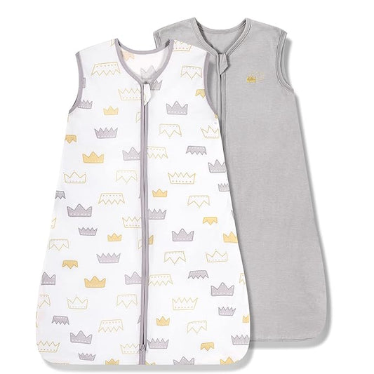 TILLYOU 2 Pack Baby Sleep Sack 12-18 Months 100% Cotton Wearable Blanket 0.5 TOG Sleeveless Summer Sleep Sacks with 2-Way Zipper, Gray Crown