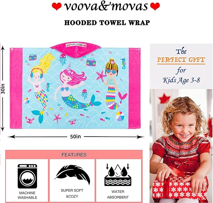 VOOVA & MOVAS Kids Hooded Beach Towel Age 3-8, 30''X50,Soft | Thick | Large | 100% Cotton,Absorbent Beach, Bath, Pool Towels Wrap for Girls, Sea Mermaid