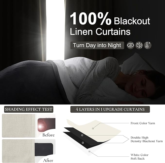 Cream Blackout Curtains & Drapes 96 Inches Long 2 Panels Set for Sliding Glass Doors, Pinch Pleated Thick Linen Blend Windows Curtain with Back Tab for Bedroom Cold Weather Thermal 40"W x 96"L
