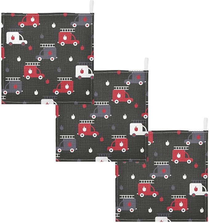 vvfelixl Firefighters Fire Trucks Baby Burp Cloths, Baby Muslin Washcloths for Boys Girls, Cotton Baby Face Towel for Newborn Infants Soft and Absorbent 11.8 X 11.8 in, 5 Pack Black