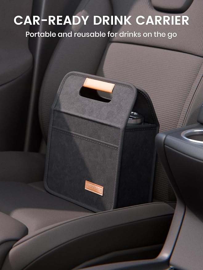 Fluxynara 2-Cup Reusable Felt Drink Carrier with Handle and Adjustable Shoulder Strap, Drink Holder for Car, Multi-Cup Drink Carrier Bag for Delivery, Travel, Picnics (Black)