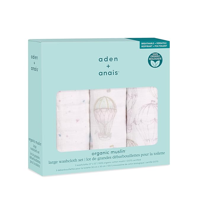 aden + anais Organic Oversized Washcloth 3-Pack, Super Soft 100% Organic Cotton Muslin, Gentle on Skin, 3 Absorbent 12x12 Layers, Softer with Every Use, for Babies Infants Toddlers, Above The Clouds
