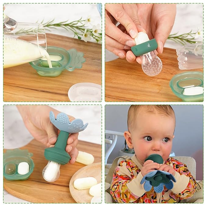 Haakaa Flower Baby Fresh Fruit Food Feeder with Mini Freezer Nibble Tray, Breastmilk Popsicle Mold for Baby Cooling Relief, Food Grade Silicone Baby Mesh Feeder for Infants 4M+ (SkyBlue)