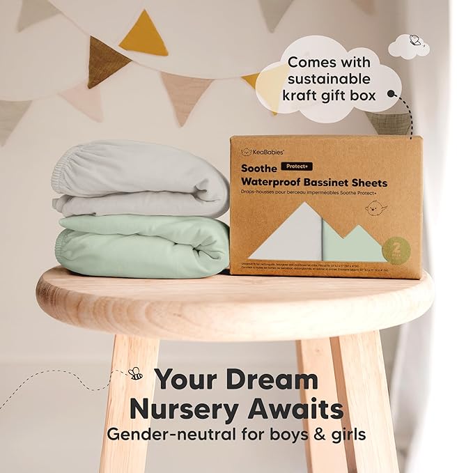 2-pk Waterproof Bassinet Sheets Girls, Boys, Cotton - 33x17 Universal Bassinet Mattress Pad Protector Cover, Compatible with Graco, Baby Delight, Chicco, Halo Bassinest Swivel Sleeper Fitted (Sage)