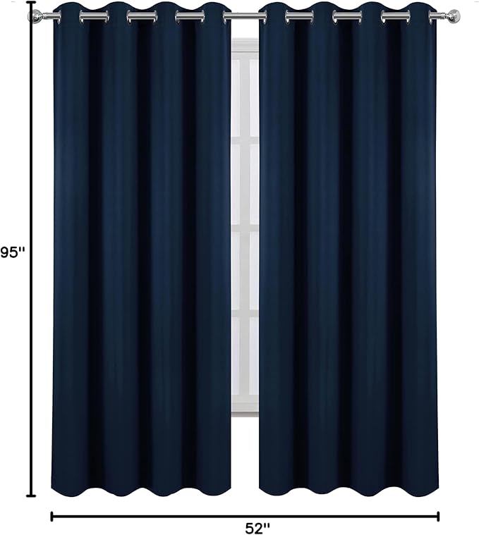 LEMOMO 100% Blackout Curtains 52 x 95 Inch Navy Blue Curtains 2 Panels Darkening Thermal Insulated Bedroom Curtains